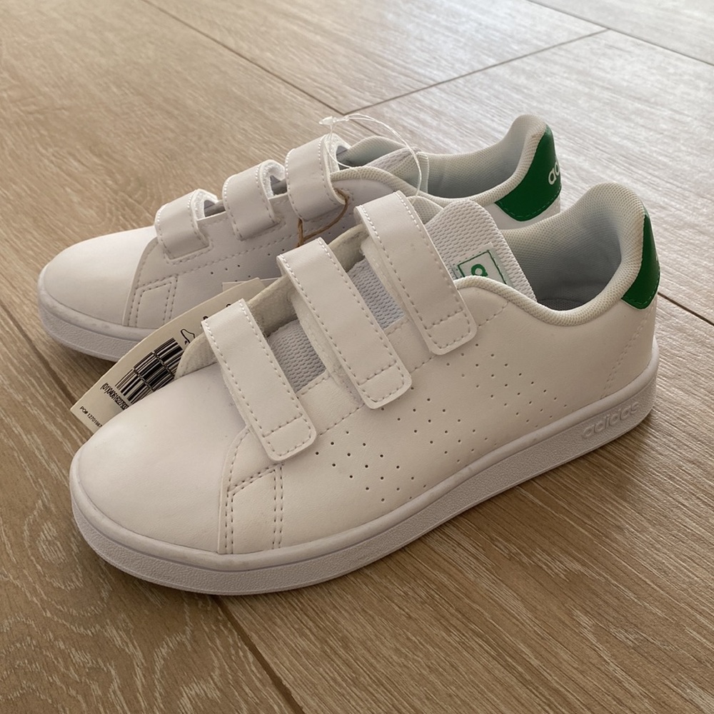 Adidas Stan Smith Velcro 3 strap sneakers, white w/green back, size 1.5, NWT - Picture 7 of 11